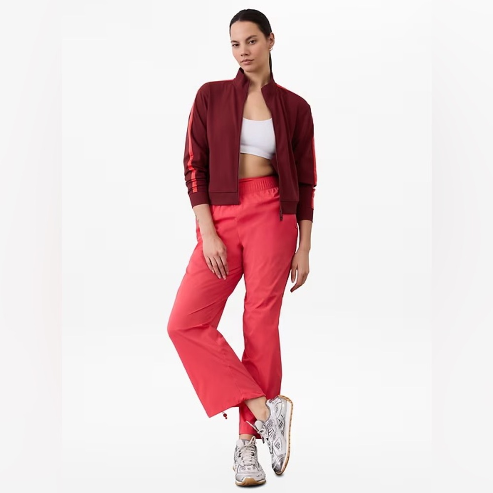 Athleta Finish Line Athletic Jacket Red Sz L Zip Varsity Stripe Athleisure NWT